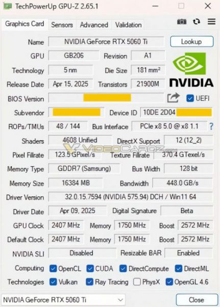 Patvirtintos RTX 5060 Ti specifikacijos