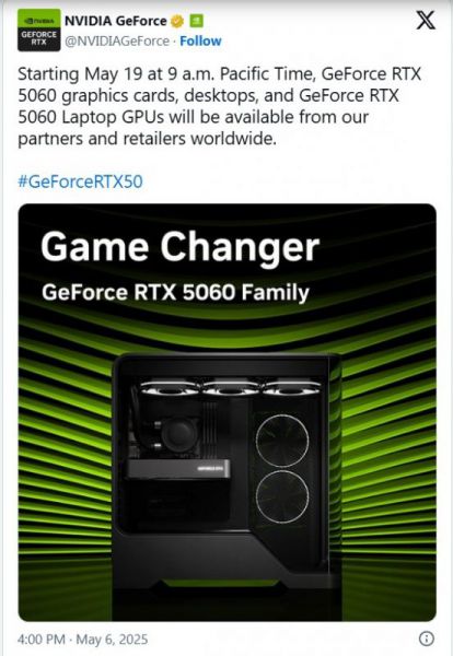 NVIDIA oficialiai patvirtino RTX 5060 išleidimo datą