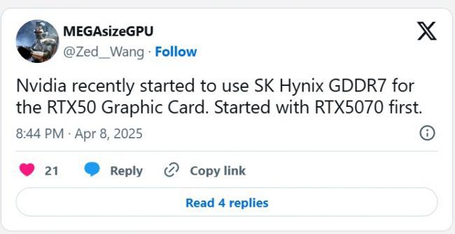 NVIDIA savo RTX 50 serijoje pradėjo naudoti „SK Hynix“ GDDR7 atmintį