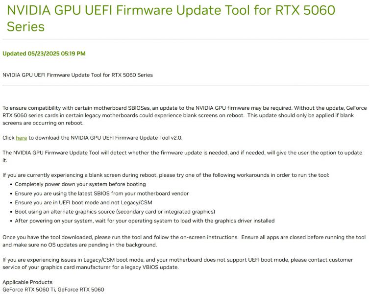 NVIDIA išleido RTX 5060 (Ti) serijos BIOS, kuris taiso juodų ekranų ir persikrovimo problemas