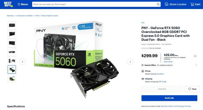 „PNY GeForce RTX 5060“ pastebėta „BestBuy“ internetinėje parduotuvėje