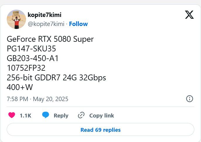 Nutekintos RTX 5080 SUPER specifikacijos